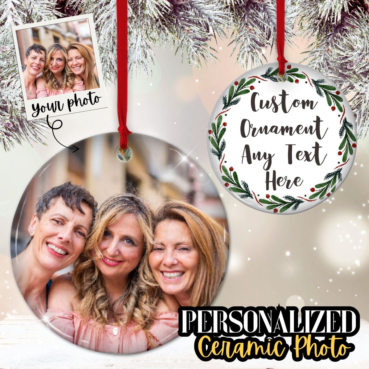 Custom 2-sided Ceramic Ornament, Personalized Photo and Text Christmas Ornament front back