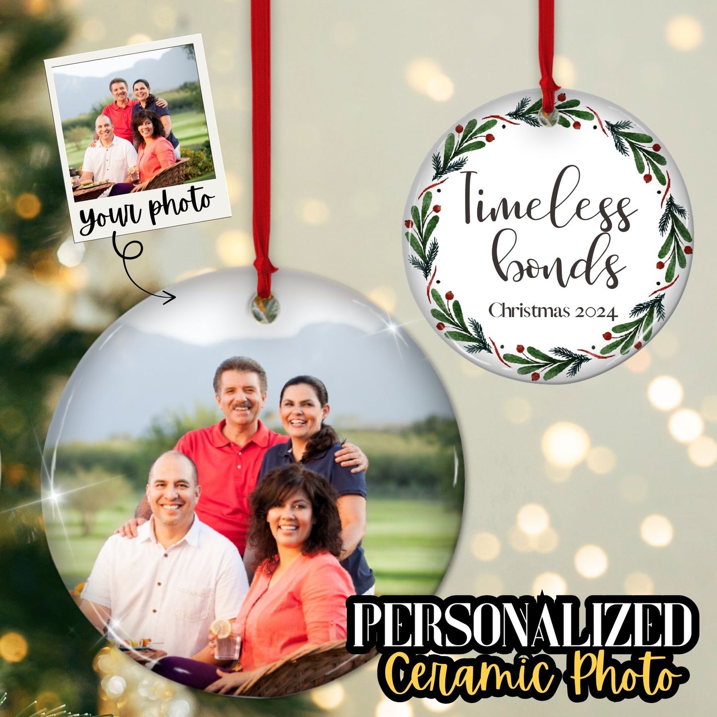 Custom 2-sided Ceramic Ornament, Personalized Photo and Text Christmas Ornament front back