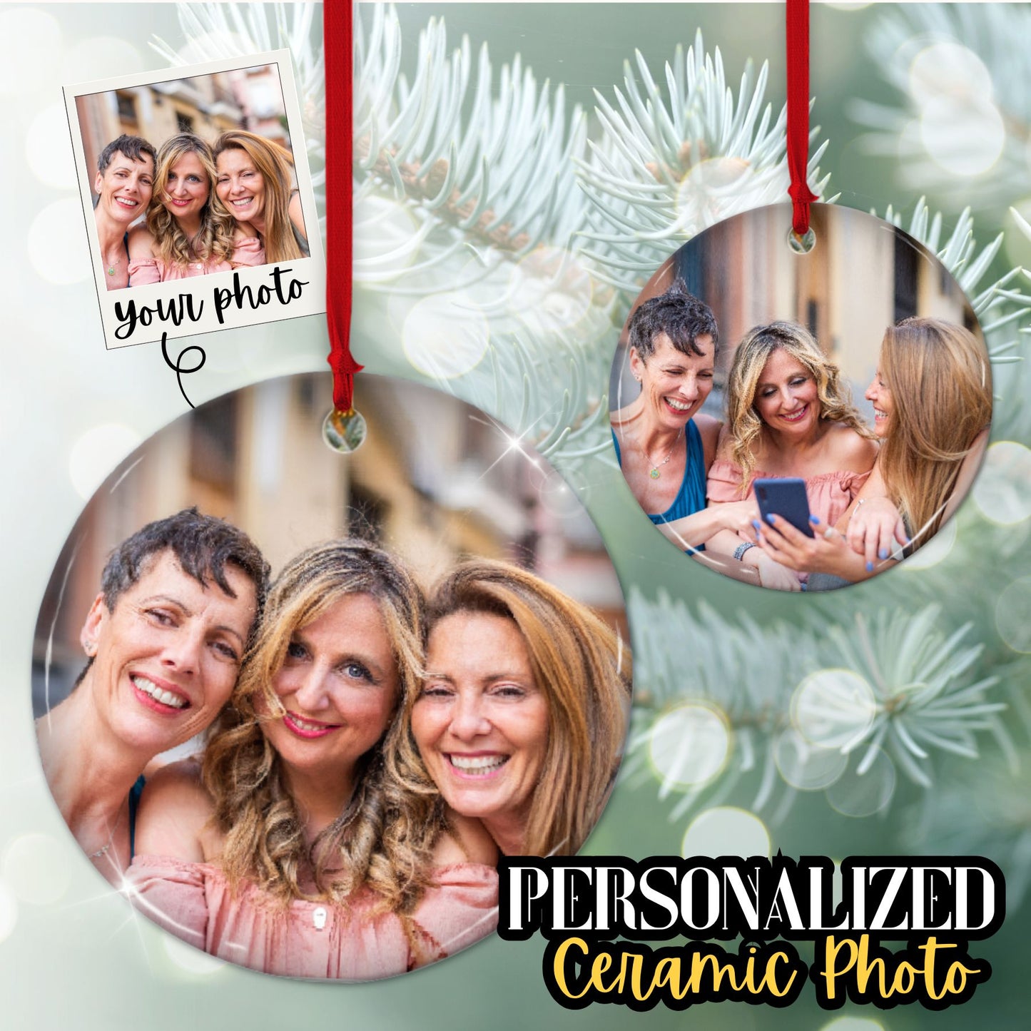 Custom 2-sided Ceramic Ornament, Personalized 2 Photo Christmas Ornament front back