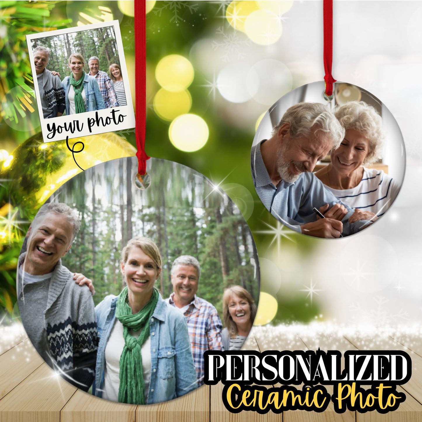 Custom 2-sided Ceramic Ornament, Personalized 2 Photo Christmas Ornament front back