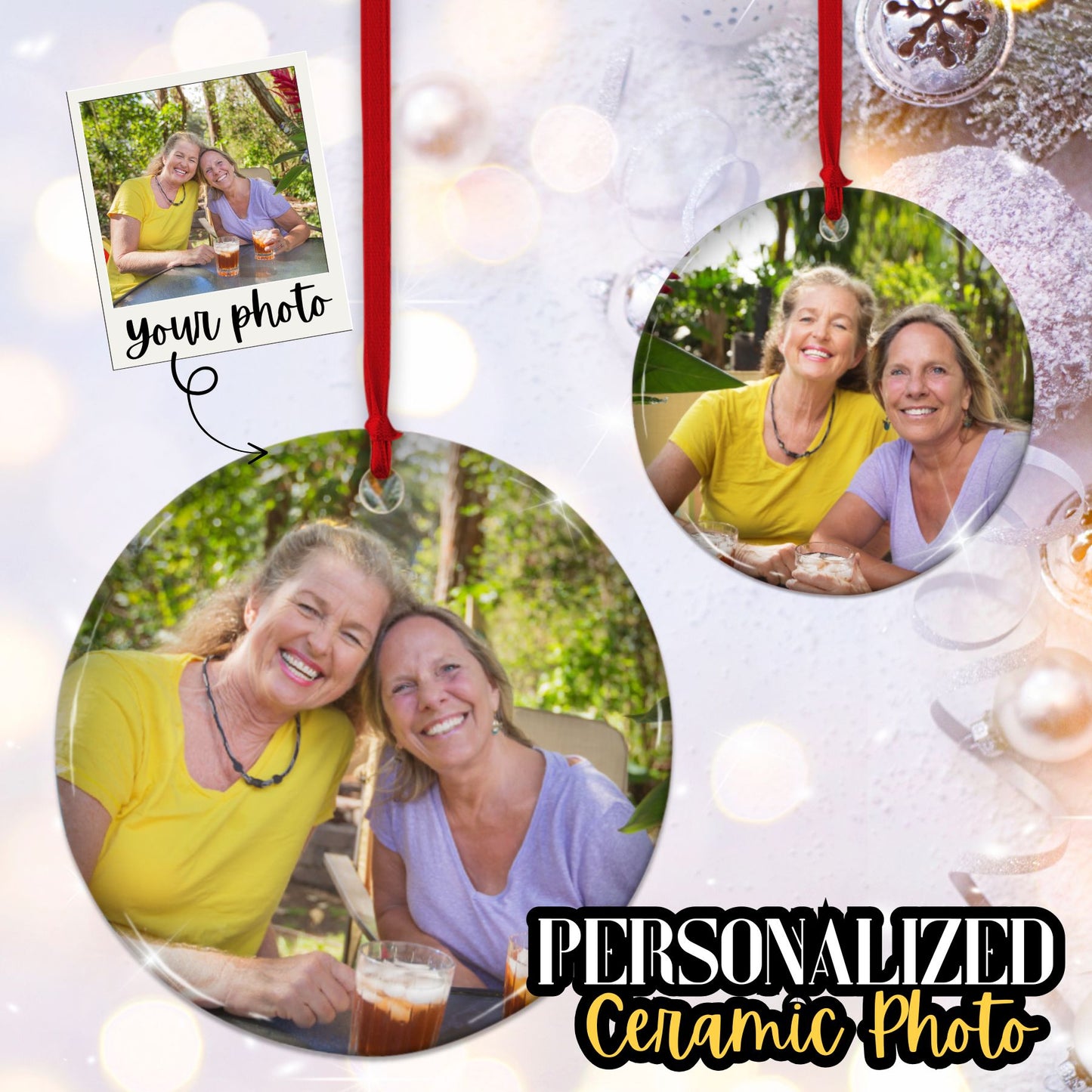 Custom 2-sided Ceramic Ornament, Personalized 2 Photo Christmas Ornament front back