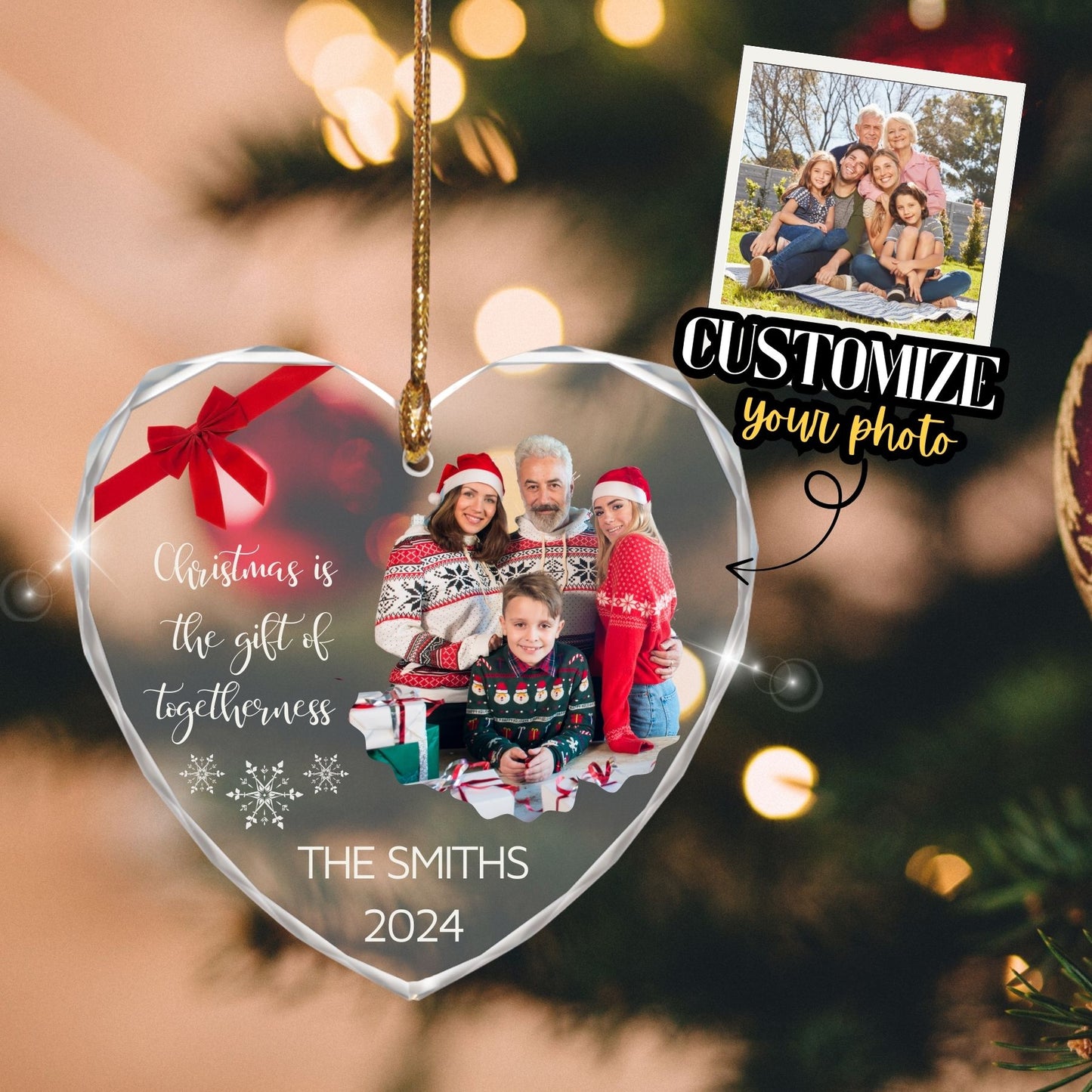 Personalized Couple Photo Ornament, Couples Gifts, Custom Photo Heart Glass Ornament