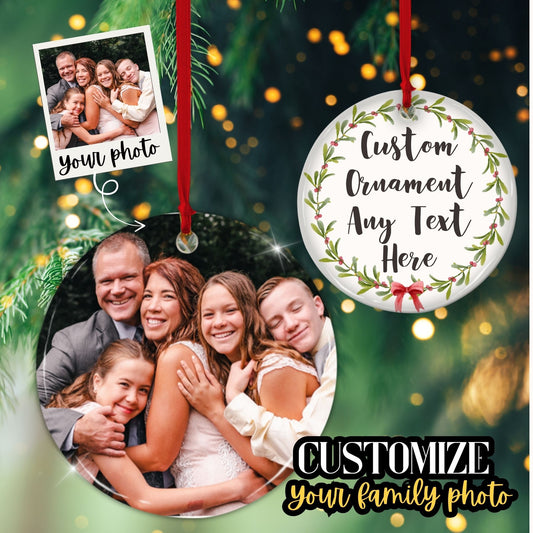 Custom 2-sided Ceramic Ornament, Personalized Photo and Text Christmas Ornament front back