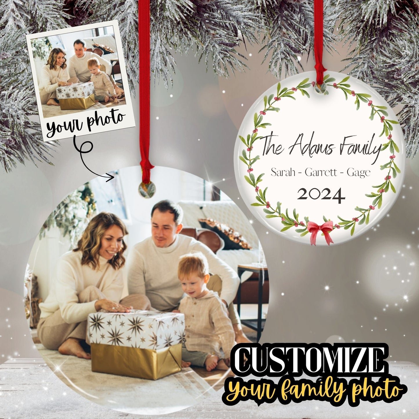 Custom 2-sided Ceramic Ornament, Personalized Photo and Text Christmas Ornament front back