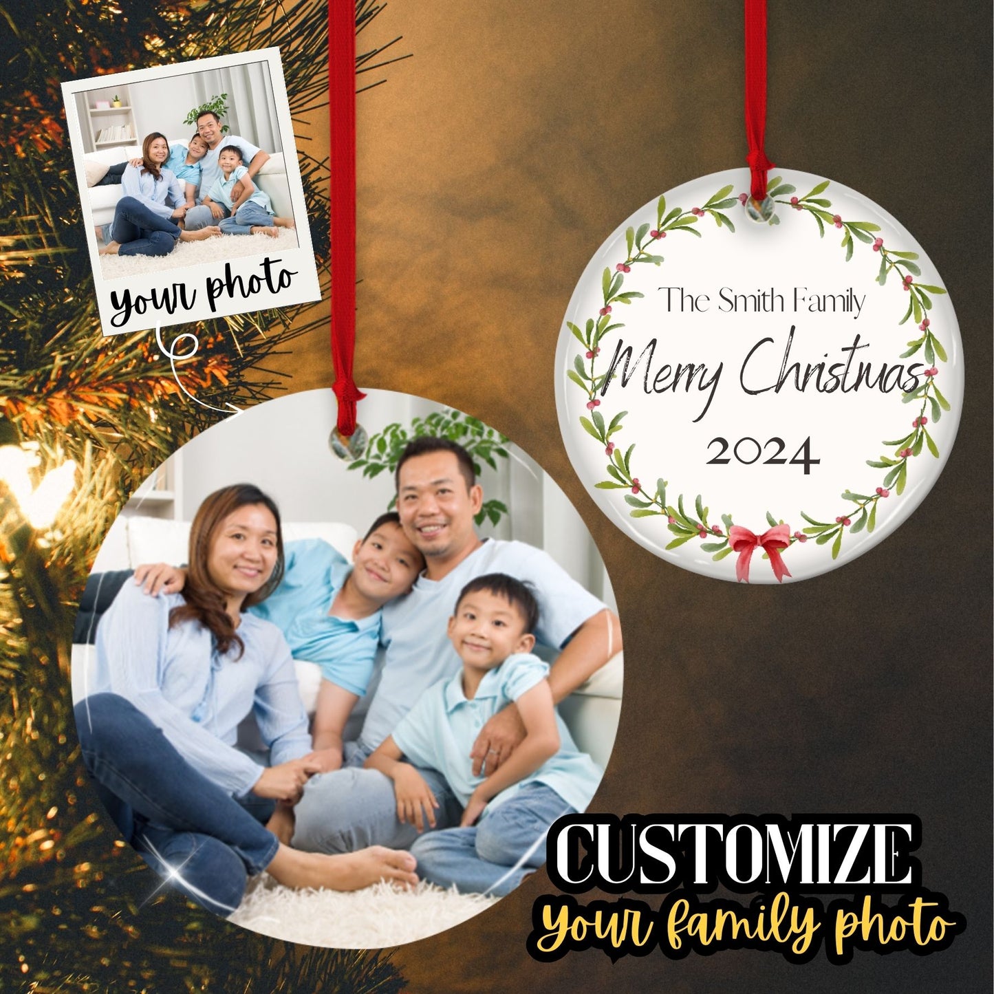 Custom 2-sided Ceramic Ornament, Personalized Photo and Text Christmas Ornament front back