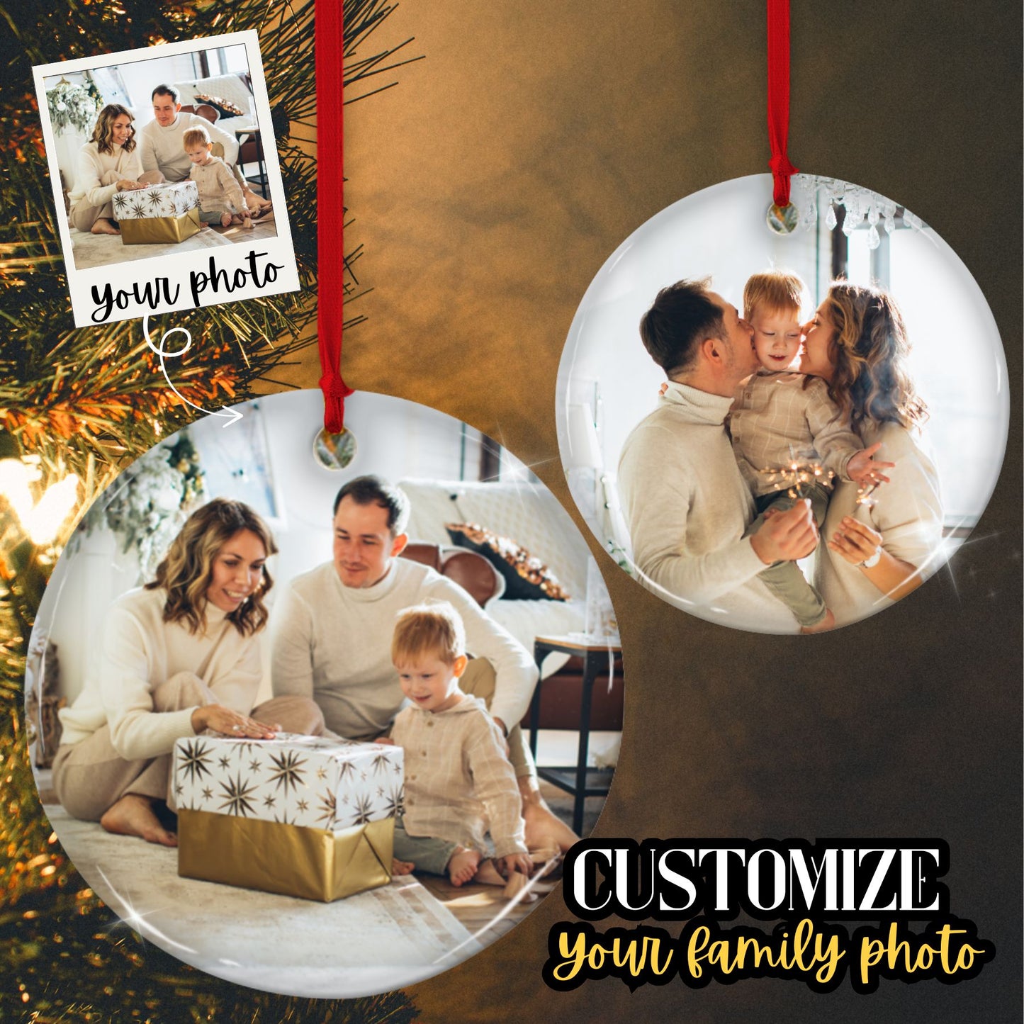 Custom 2-sided Ceramic Ornament, Personalized 2 Photo Christmas Ornament front back