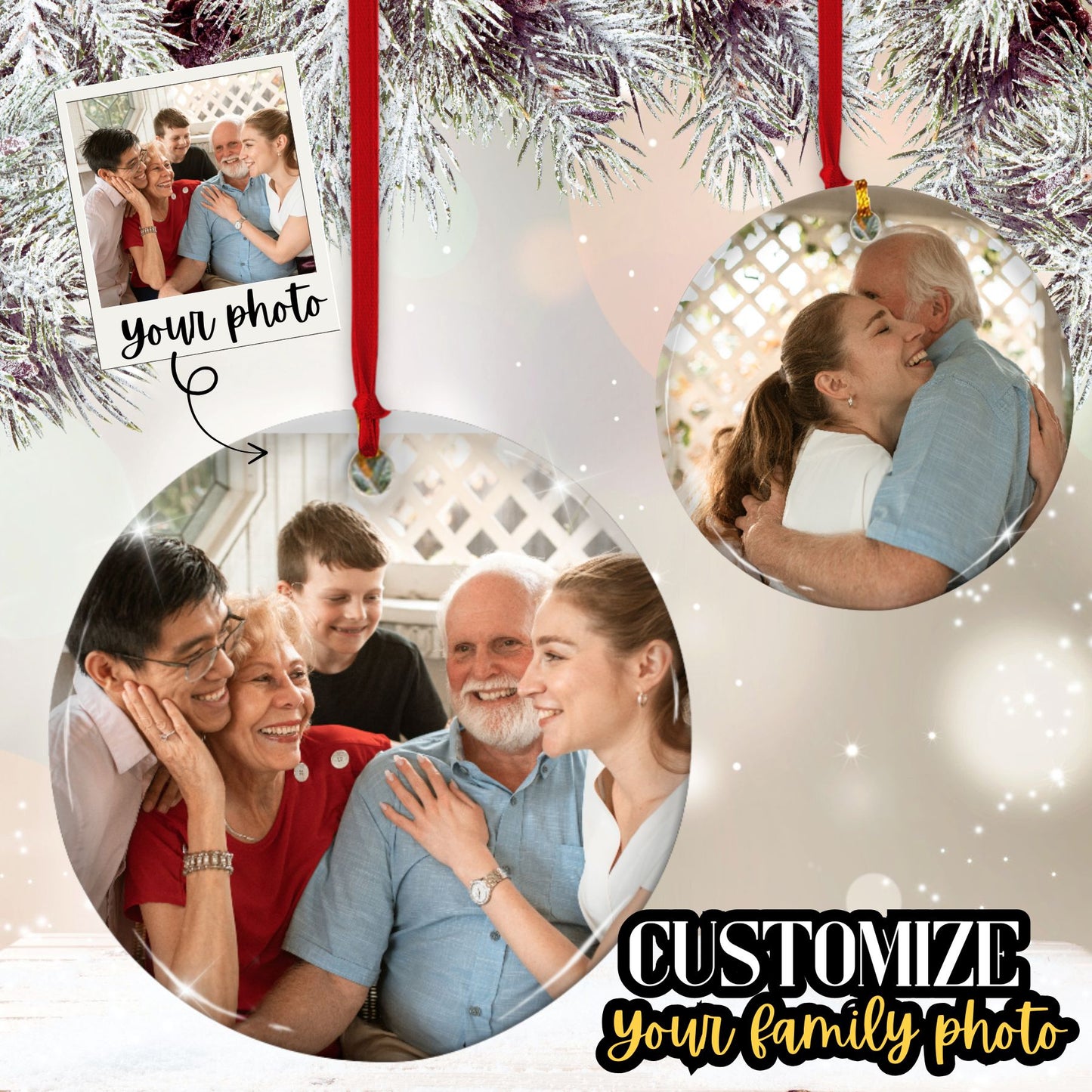 Custom 2-sided Ceramic Ornament, Personalized 2 Photo Christmas Ornament front back